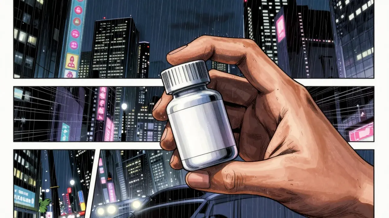 Hand holding antibiotic pills against neon cyberpunk city