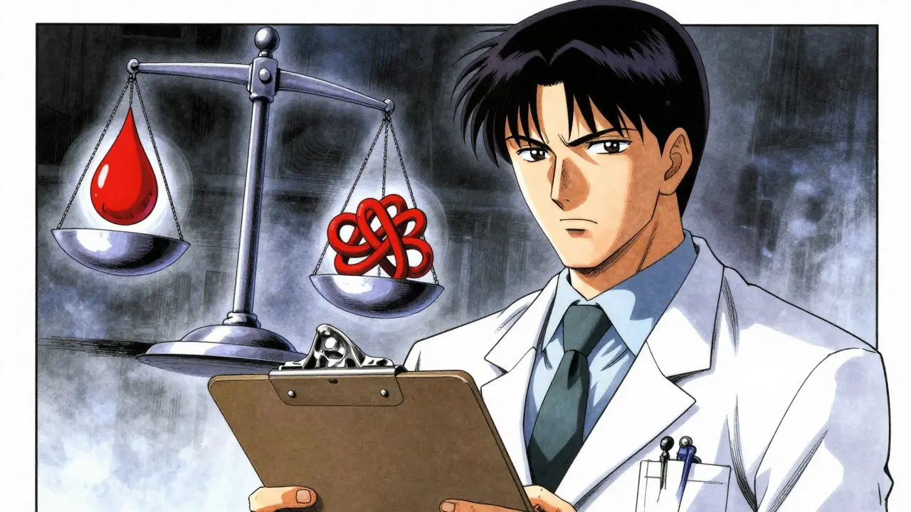 Manga-style doctor contemplating bleeding vs clotting risks.