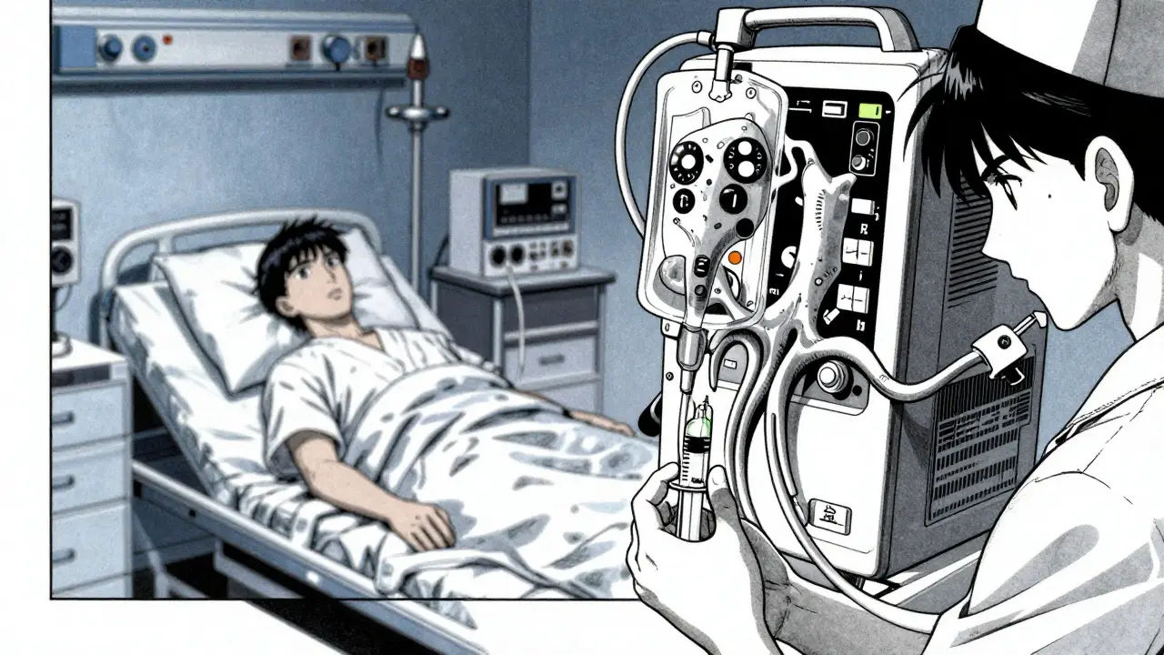 Manga-style hospital scene showing urgent medical treatment and dialysis equipment