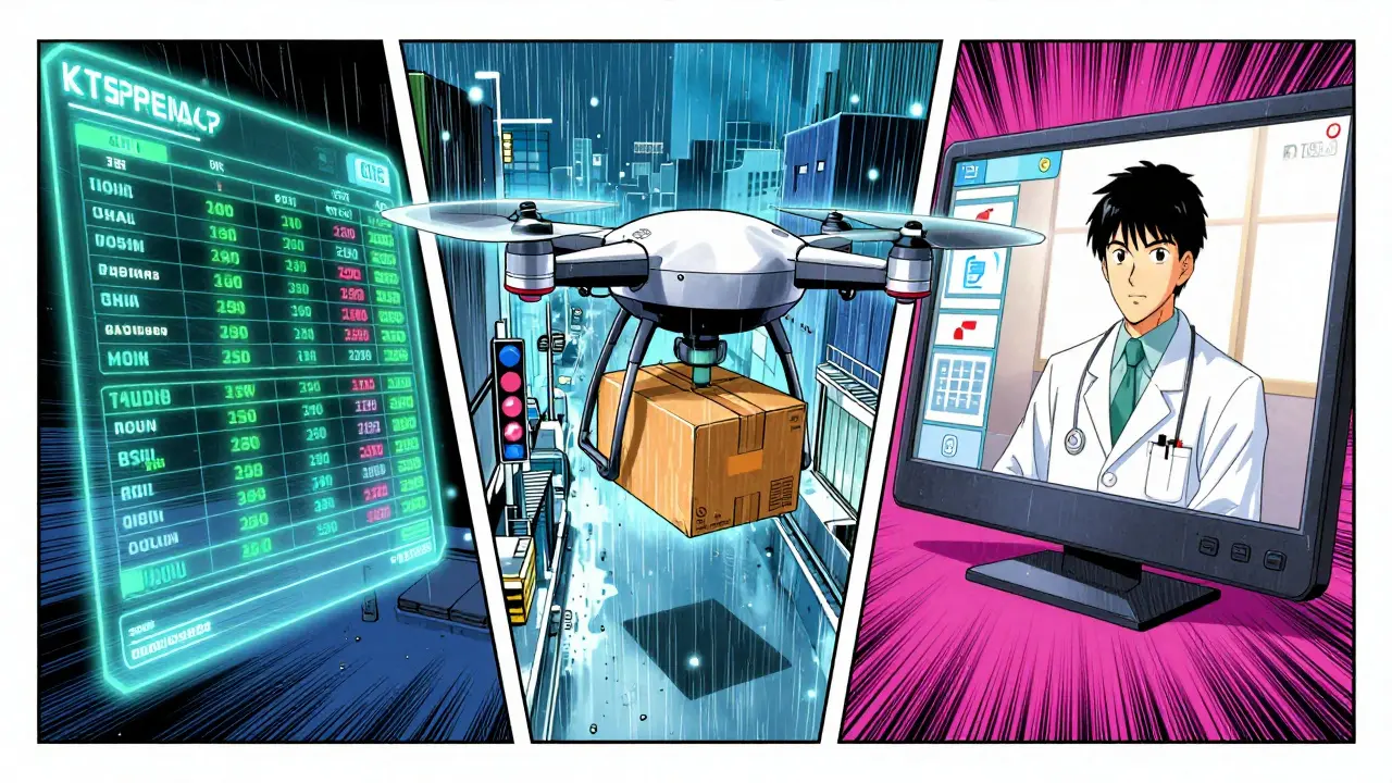 Manga-style split screen showing online pharmacy delivery and telehealth options