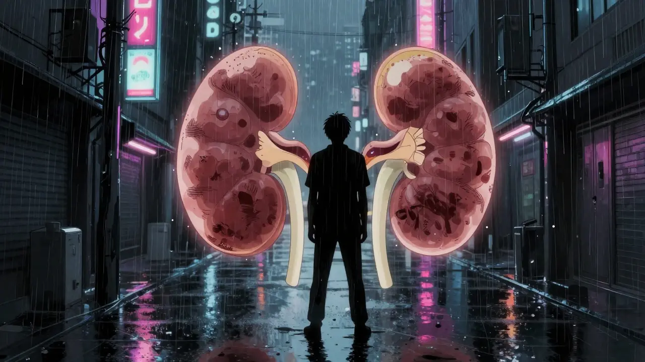 Otomo-style art of a figure merging with glowing kidneys in a rainy city alley
