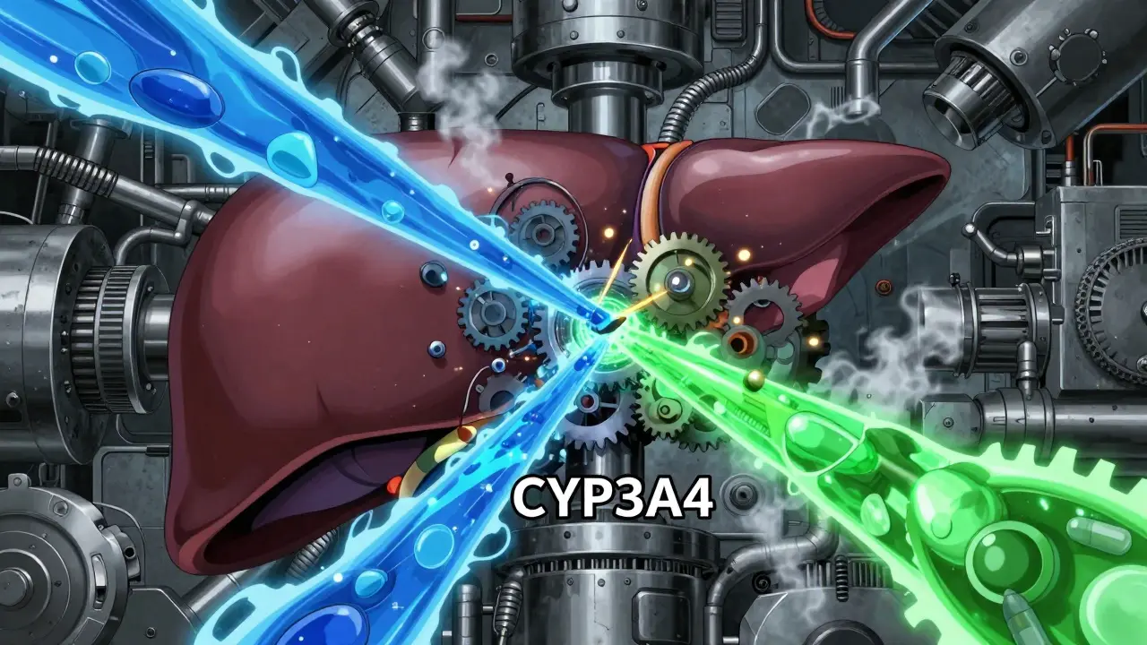 Otomo-style visualization of liver enzymes processing conflicting drugs.