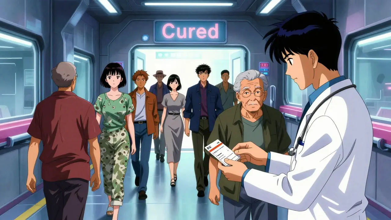 Patients walking towards cure in futuristic medical setting