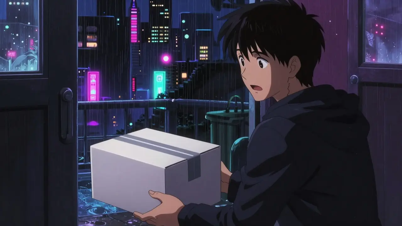 Person receiving a secure medication delivery package in a neon-lit city