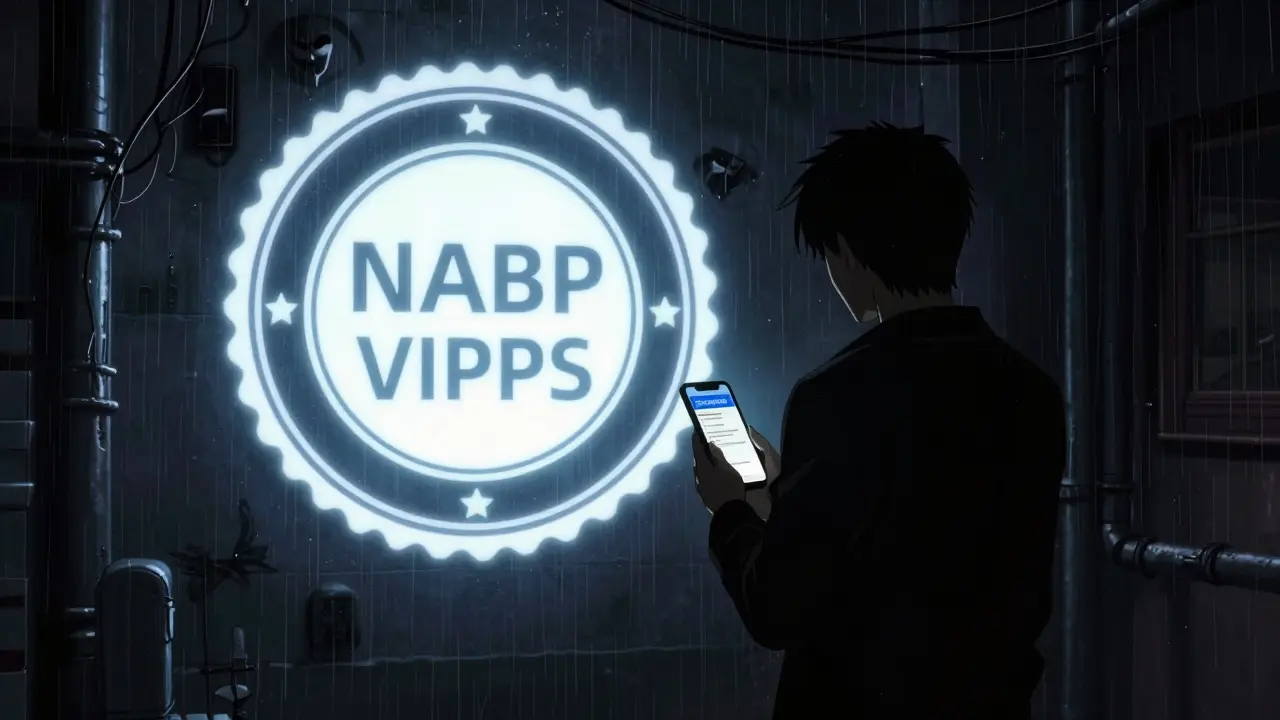 Person verifying safe pharmacy seal against dark background in Otomo style