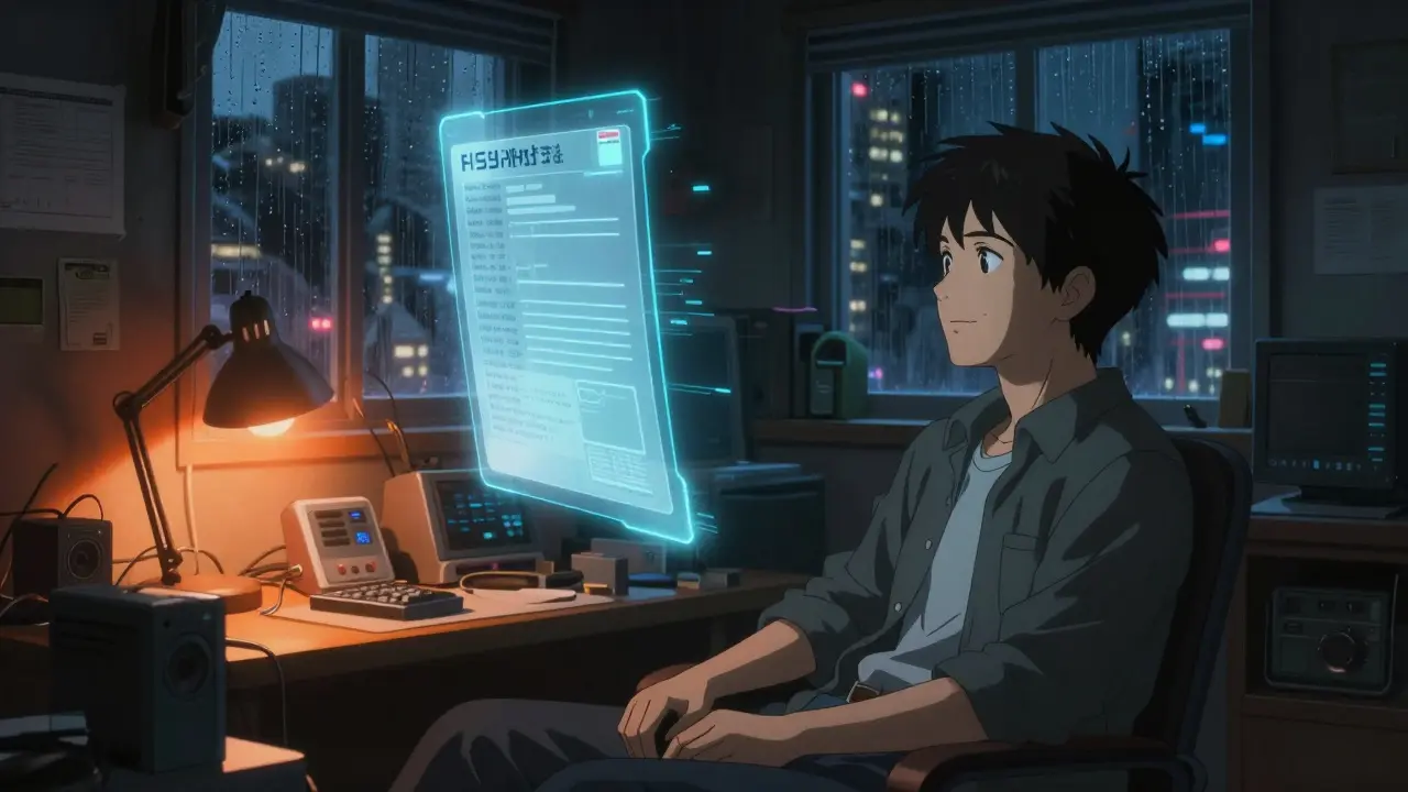 Person viewing holographic prescription in a cyberpunk apartment, Otomo style