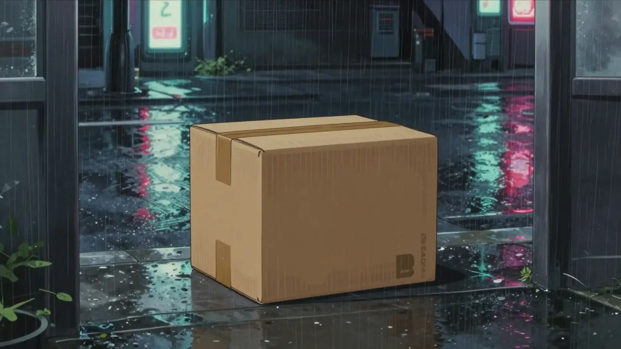 Plain discreet package on rainy futuristic doorstep