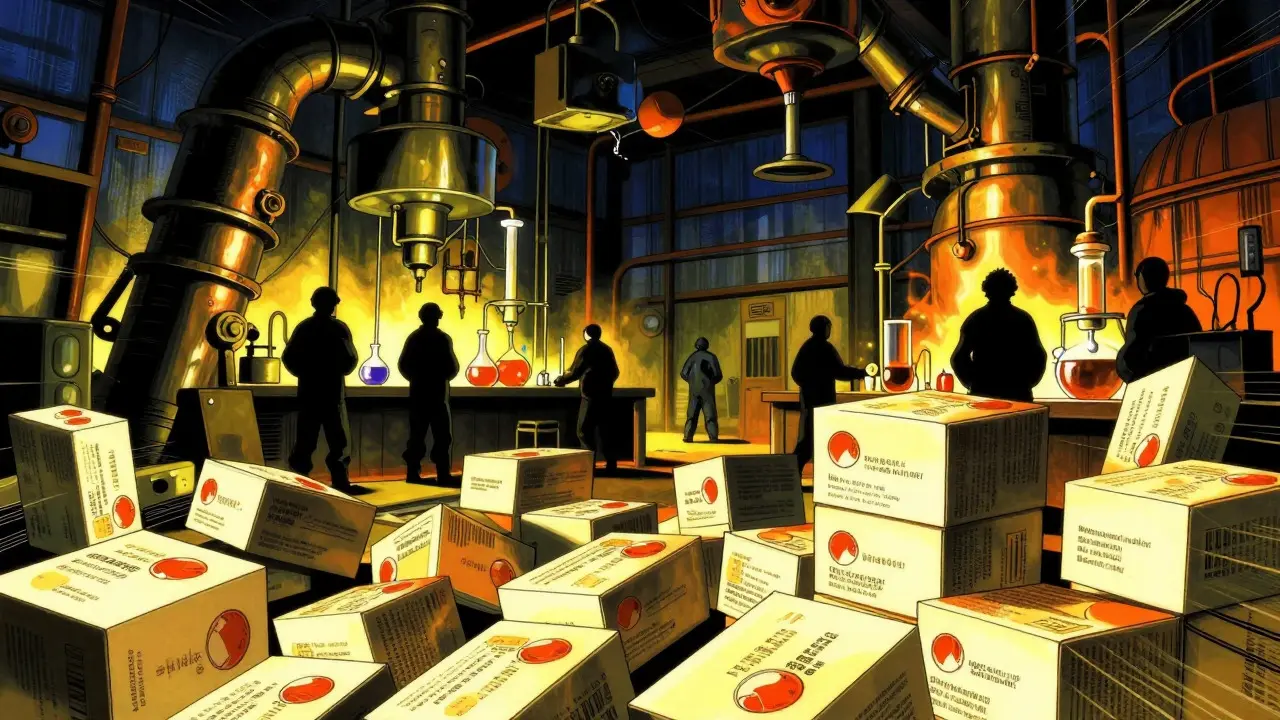 Shadowy warehouse scene with workers manufacturing fake medicine boxes