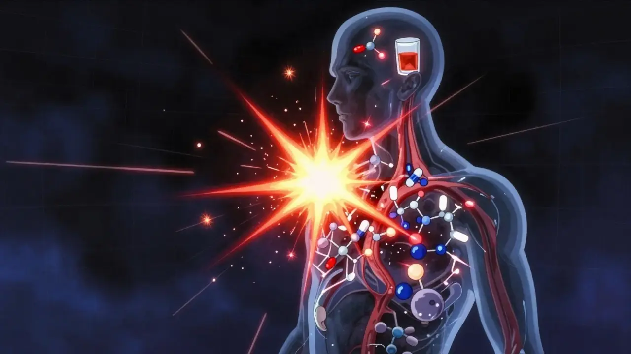 Surreal anime art showing drug-alcohol collision in body