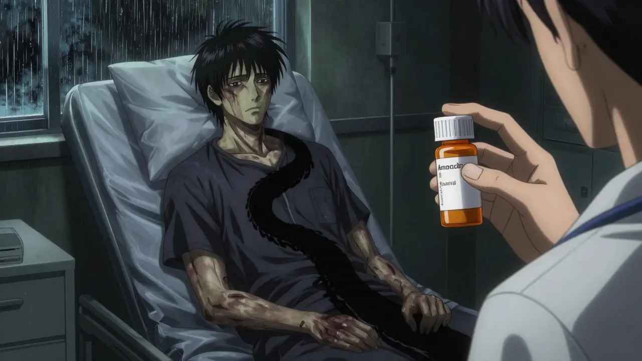 Anime scene of a patient at risk from antibiotics, with ominous shadows.