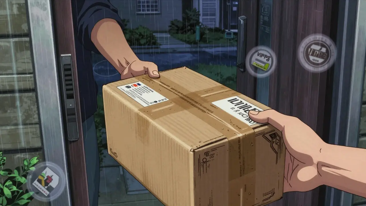 Close-up of a medicine package being delivered to a doorstep.