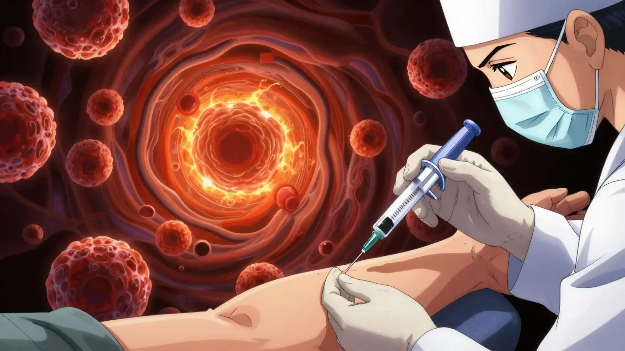 Close-up of an injection with stylized bone marrow cells in background
