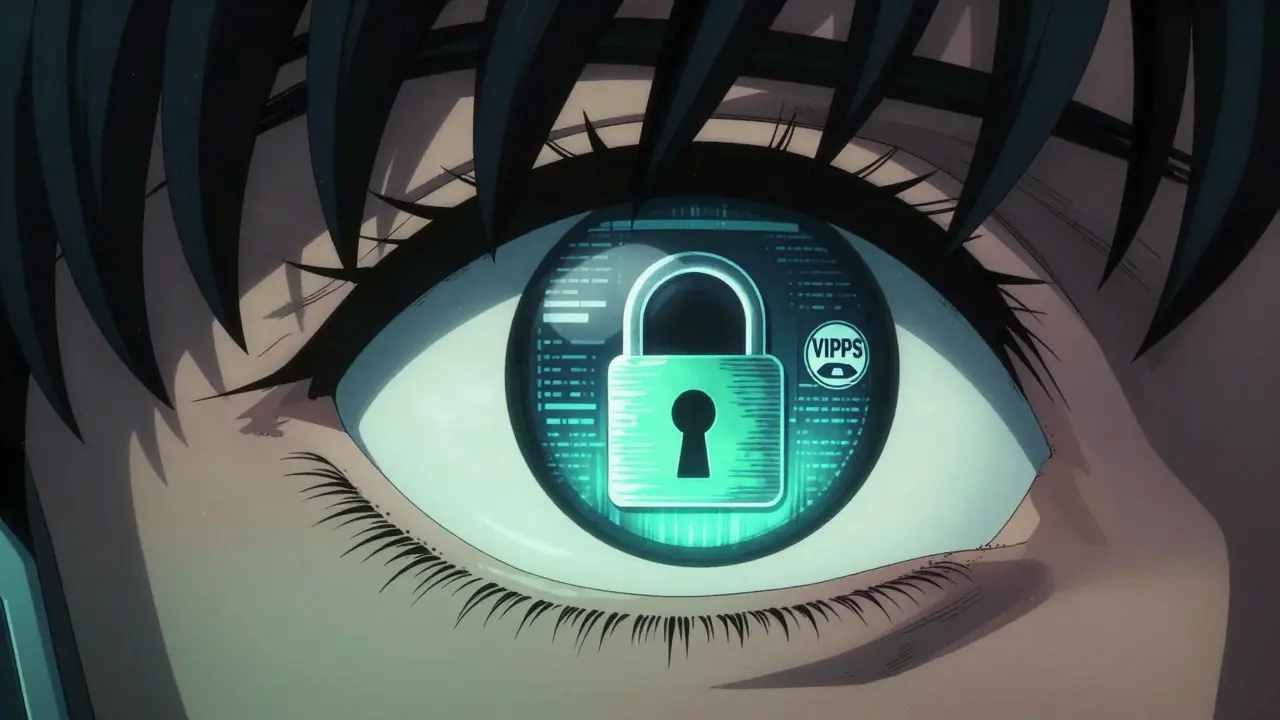 Close-up of eye reflecting secure pharmacy website padlock