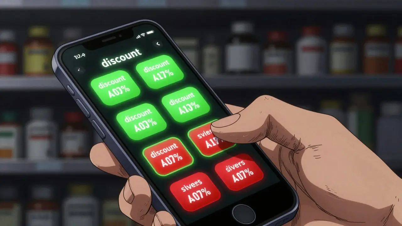 Close up of phone showing prescription discount savings