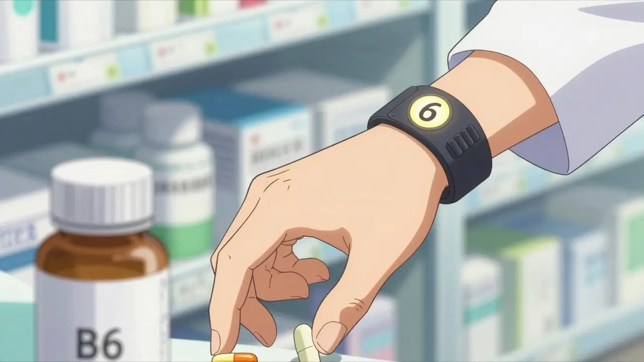 Close-up of wrist with acupressure band and medication bottles
