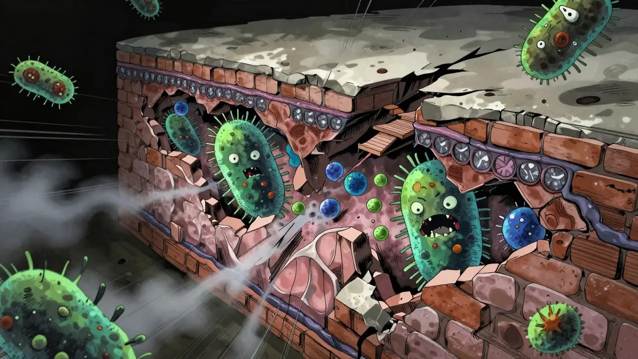 Conceptual art showing bacteria invading a crumbling skin barrier wall.
