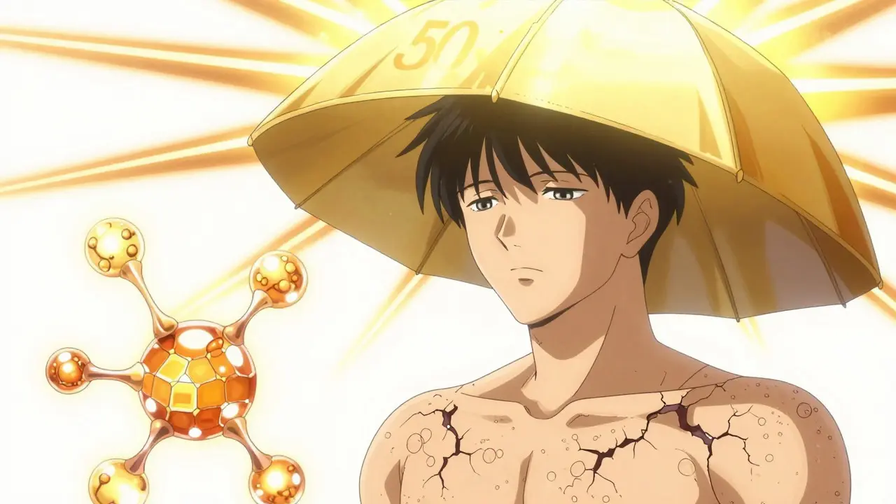 Figure protected by sunscreen shield while skin repairs with lipid molecules.