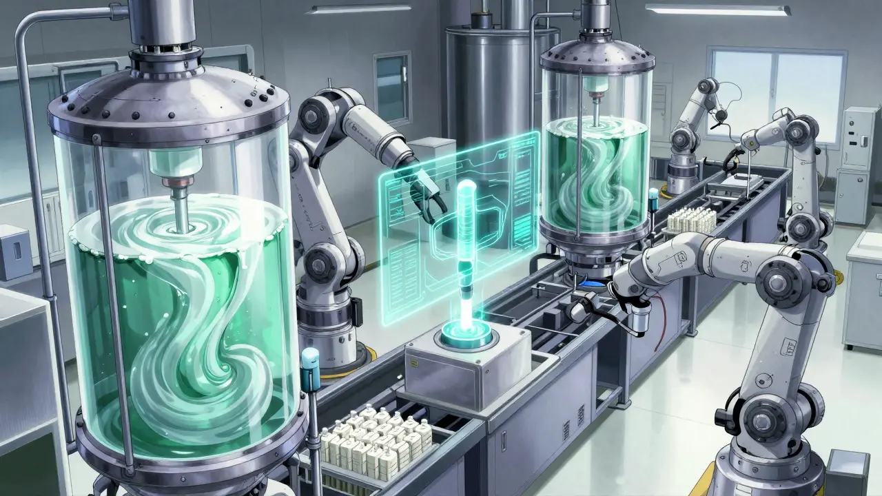 Futuristic laboratory scene showing robotic arms processing biologic fluids with data overlays