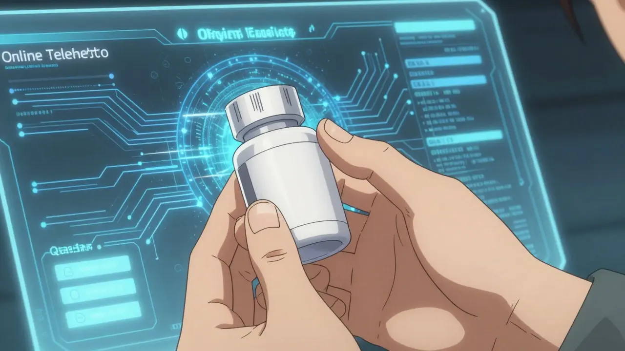 Hands holding a generic pill bottle against a digital tech background