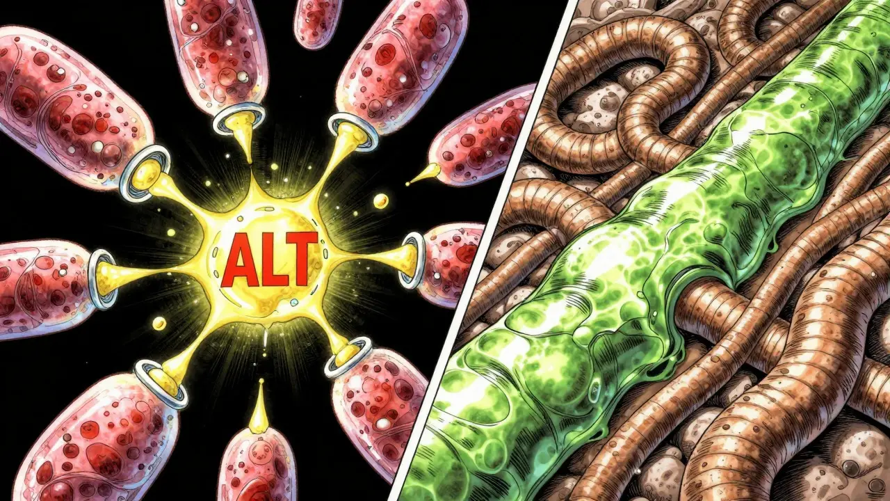 Manga art contrasting bursting liver cells with clogged bile ducts.