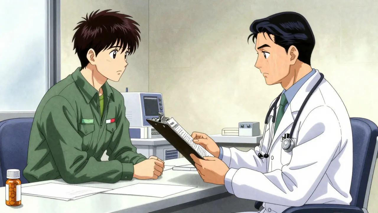 Manga-style scene of a doctor and truck driver discussing medications during a DOT physical exam