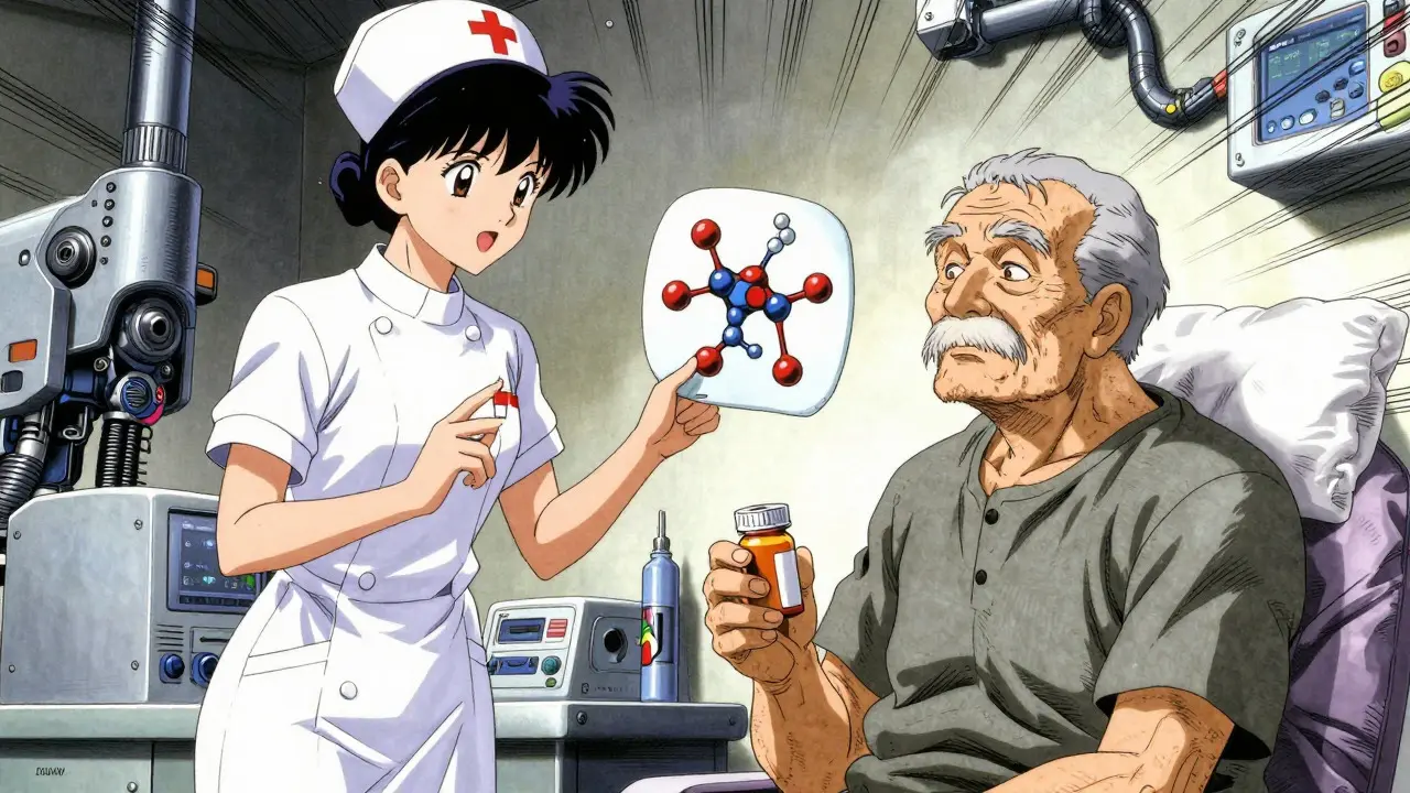 Nurse explaining medication science to a patient in manga art