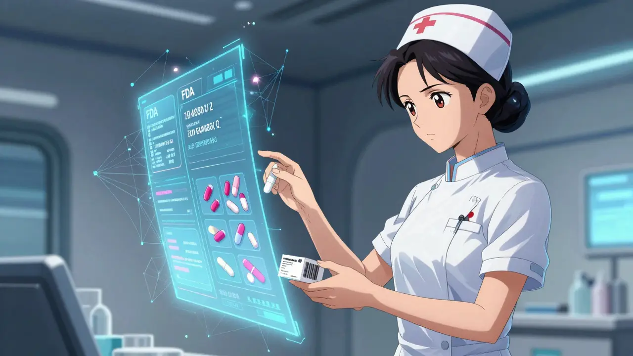 Nurse using holographic tech for medication counseling in anime