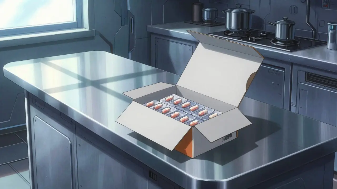 Open package of allopurinol medication on a sunlit table