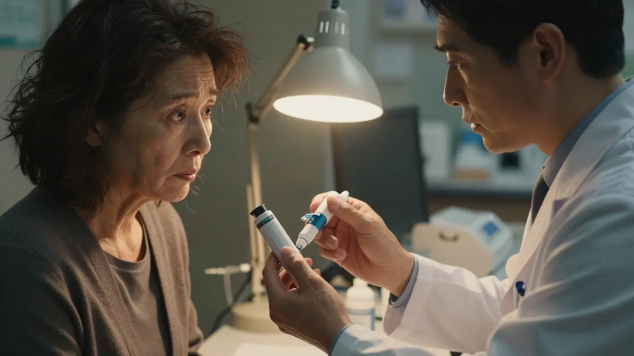 Pharmacist guiding an anxious patient’s hand to demonstrate an auto-injector pen