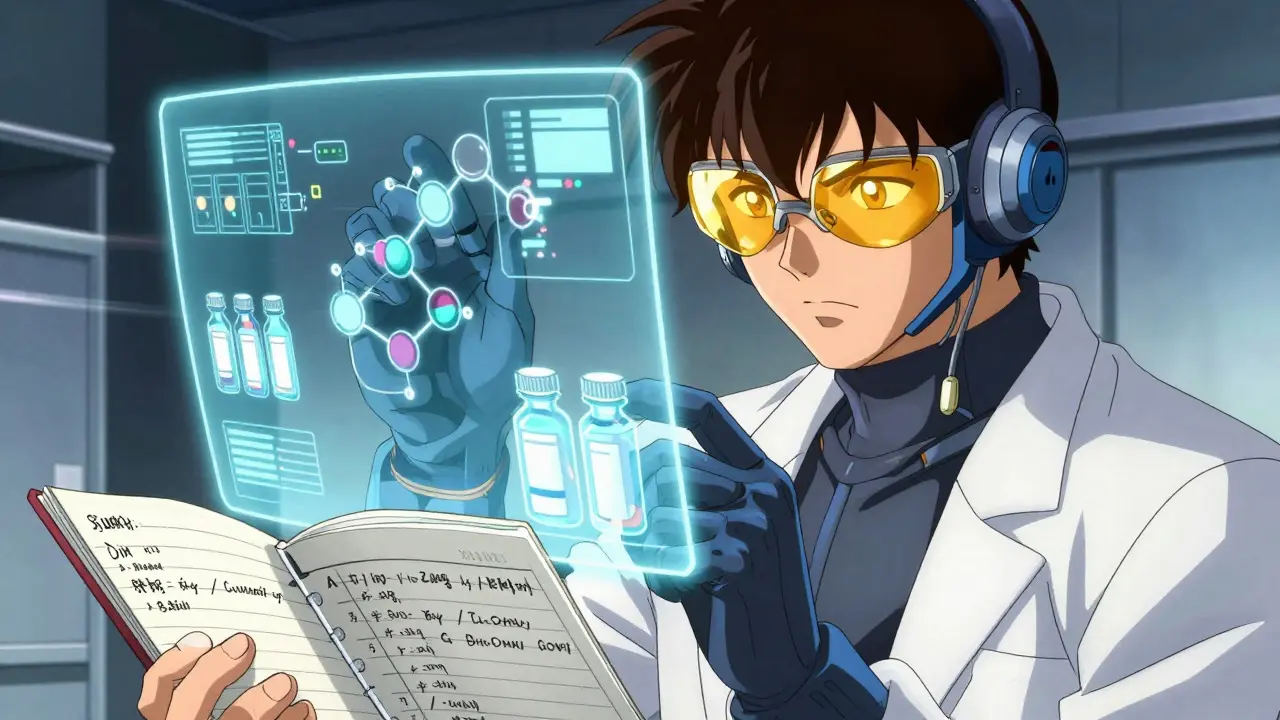 Pharmacist reviewing holographic drug interactions in anime style