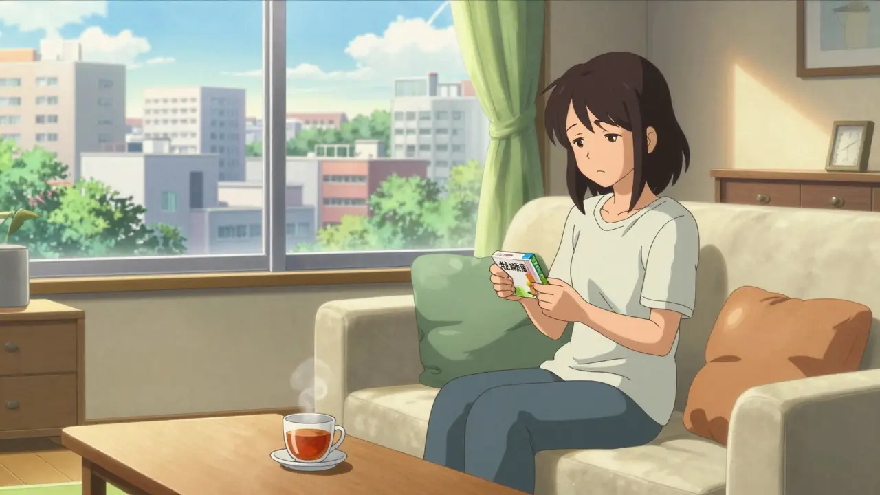 Relaxed woman holding medication in a sunlit room with city view