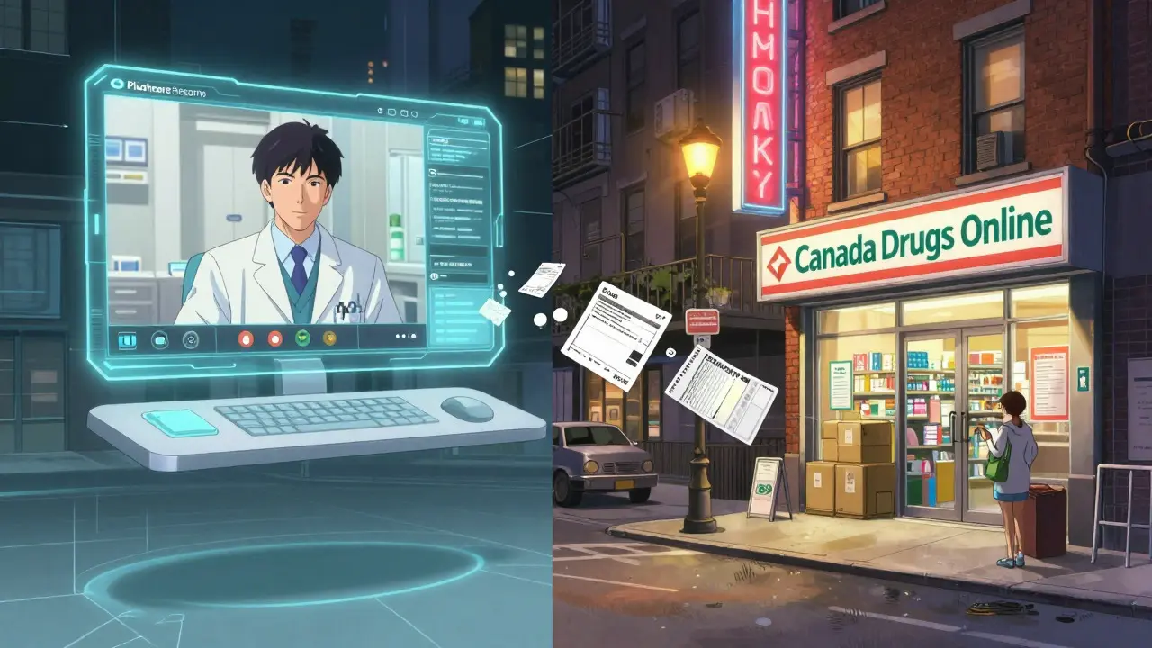 Split view of telemedicine hologram and city pharmacy street.