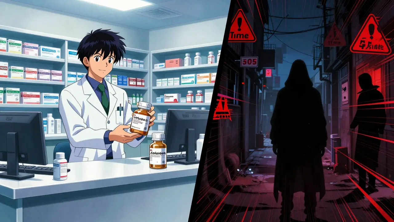 Split view showing safe pharmacy versus dangerous rogue site