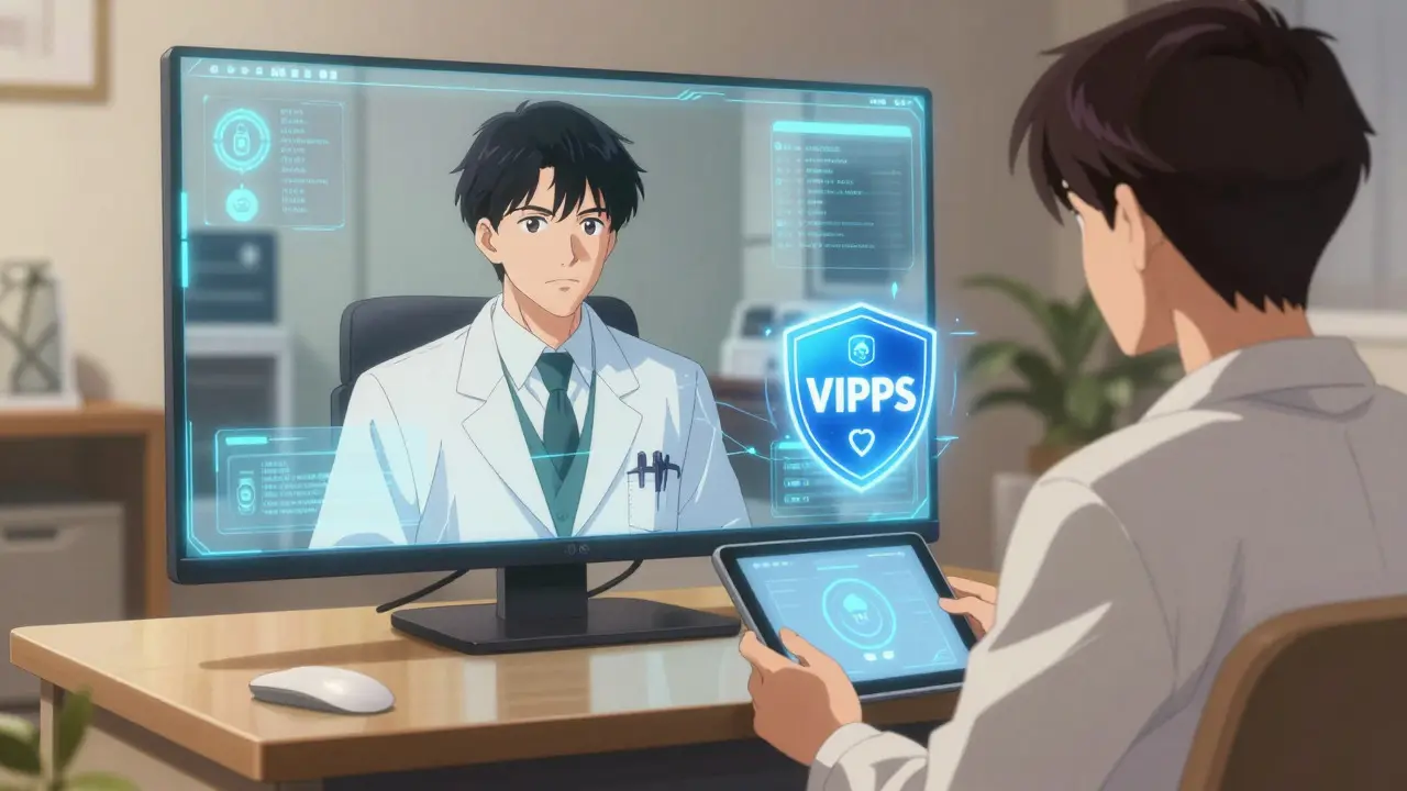 Telehealth doctor consulting with patient via secure video call