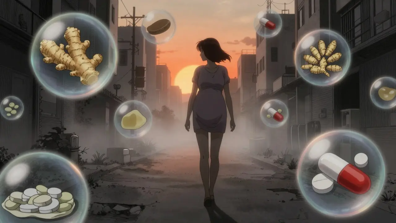 Woman walking through fog with floating health remedy symbols