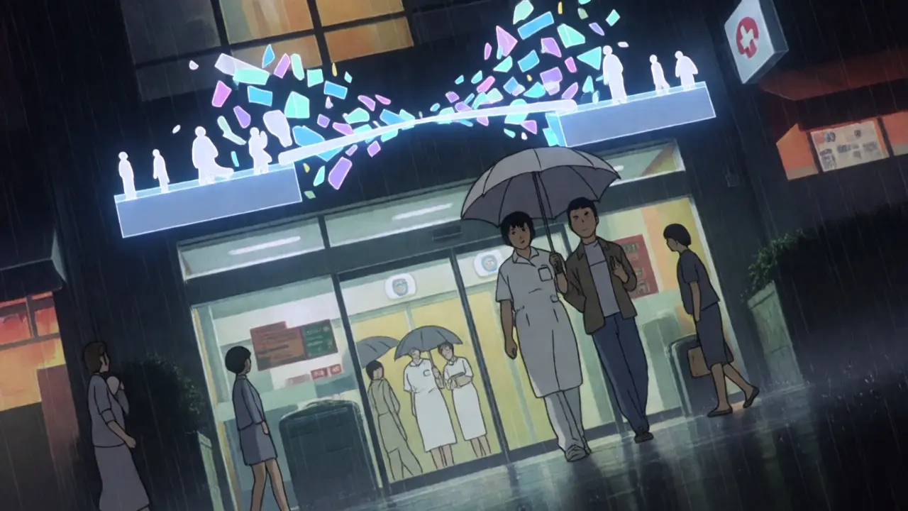 Doctor and patient walking through rainy city with holographic cost-saving visuals