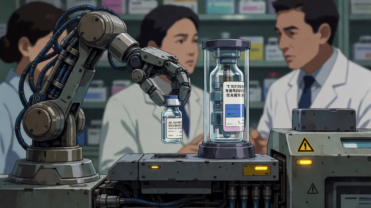 Robotic arm handling generic and biosimilar vials in a high-tech pharmacy