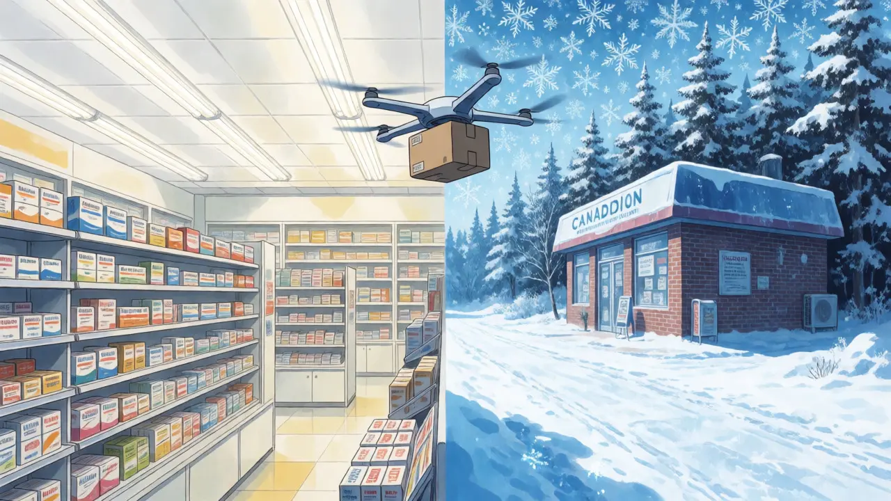 Split view comparing US pharmacies and Canadian options for medicine.